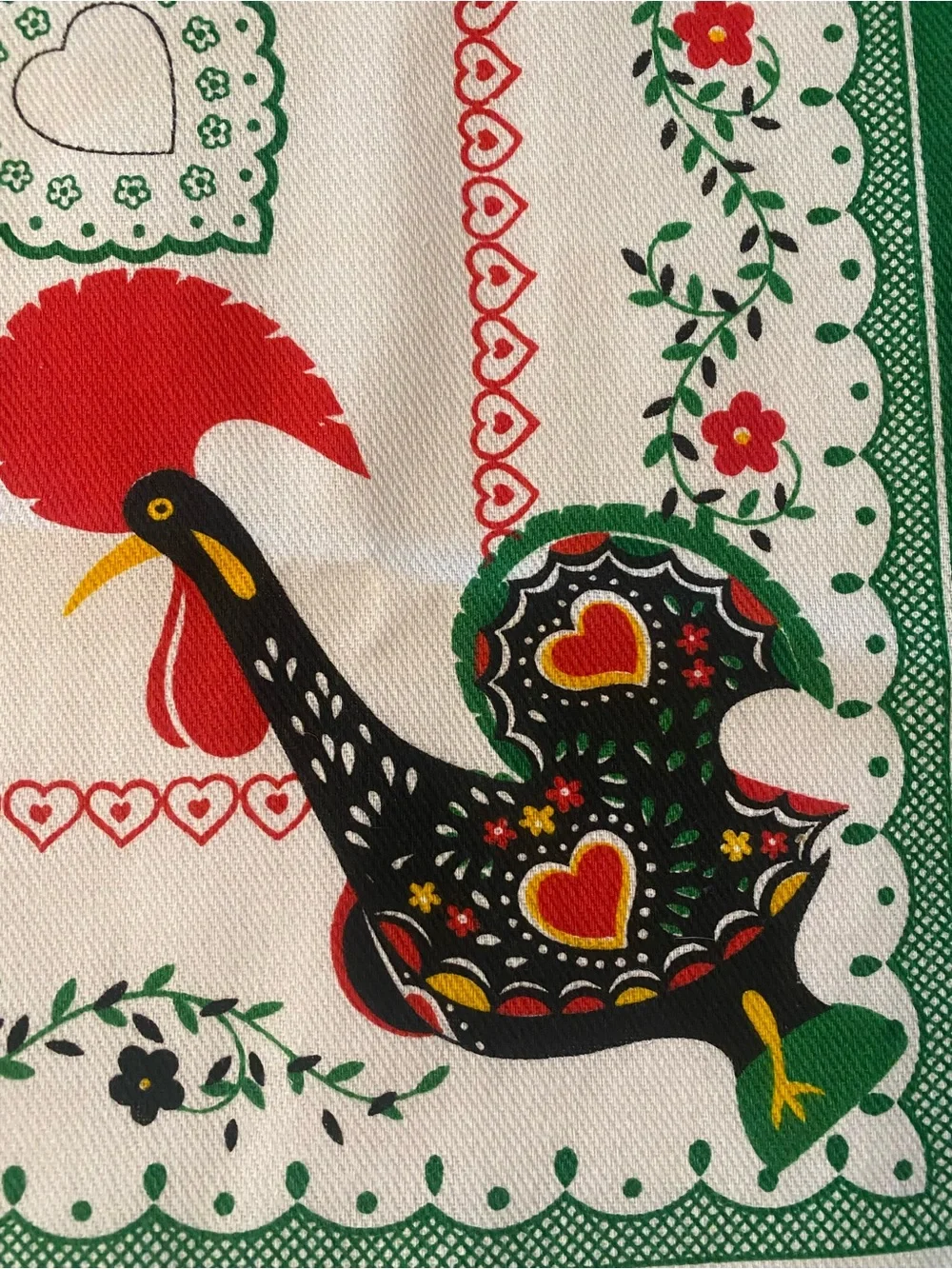 Vintage Cotton Tea Towel Folk Art Colorful Roosters Hearts Made In Portugal